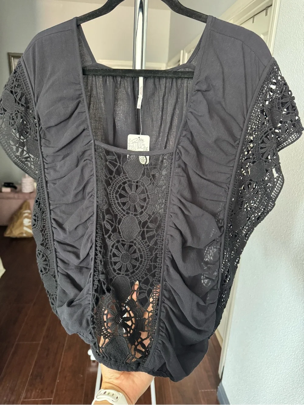 Free People Black Crochet-Panel Short-Sleeve Top